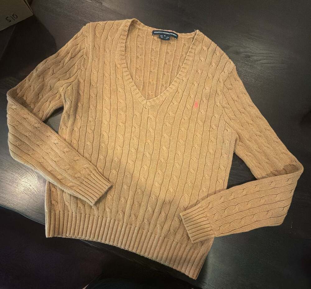 Ralph Lauren Sport Women's Tan Beige Cotton Cable Knit V-Neck Sweater XL